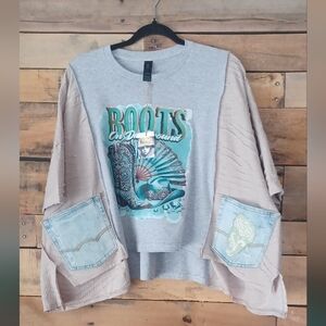 Upcycled Gray Graphic  Top with Denim Pockets